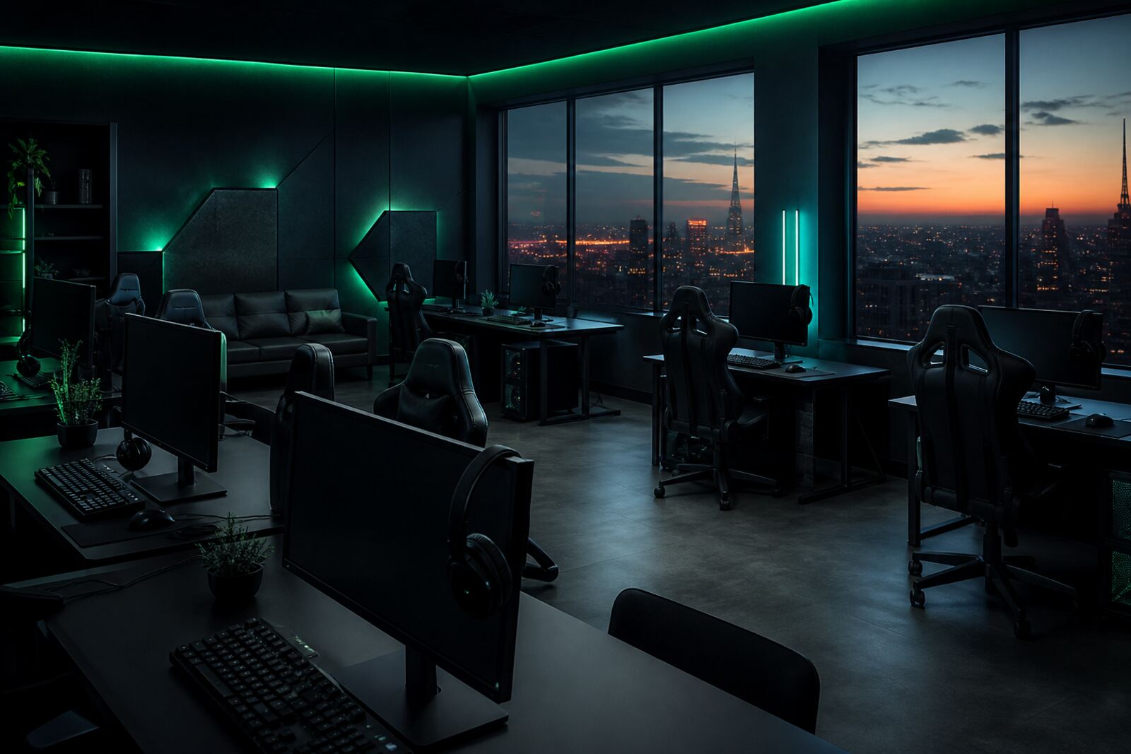 Pusta sala gamingowa z monitorami i zielonym oświetleniem ambient